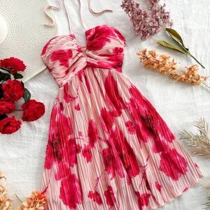 SHEIN Red and Pink Pleated A-line Sundress